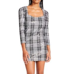 Betsey Johnson Plaid Mini Dress Black XS (0–2) – Metallic Threads, 3/4 Sleeve